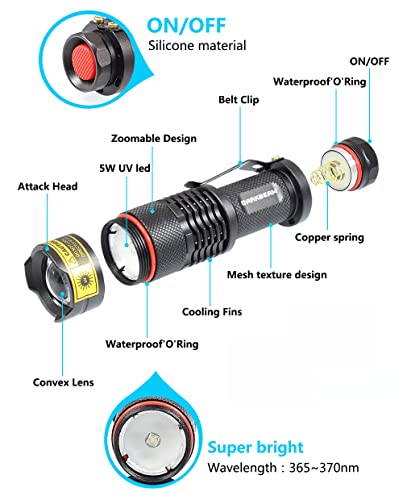 Darkbeam Uv 365Nm Light Wood's Lamp Blacklight Ultraviolet Flashlight Led Portable Mini Handheld Torch Detector For Dog Urine Pet Stains 370Nm Anti-Counterfeiting Identification, Resin Curing #TOP6