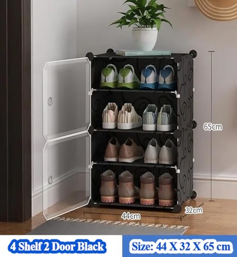 Image of Zemic DIY Portable Shoe Rack for Home Plastic Shelves Household, Shelf Shoe Rack with Dustproof Door for Heels /Slippers /Boots for Entryway or Bedroom (Black, 4-Shelf-2-Door)