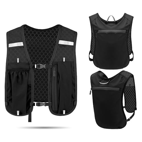 Unisex Running Vest with Phone Holder & Storage Adjustable Hydration Vest Lightweight & Breathable Running Backpack for Running Cycling Hiking (black one size)