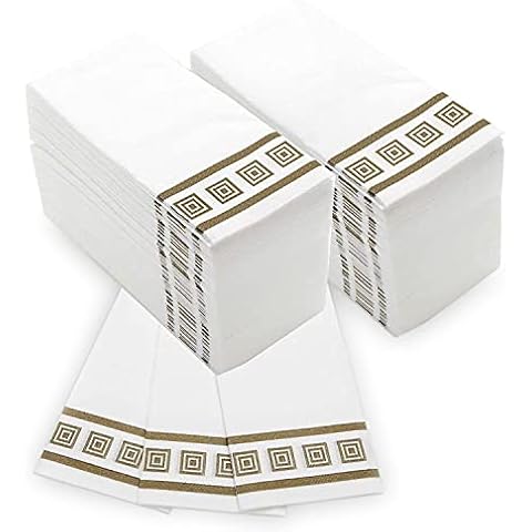 Fete Decorative Hand Towels, Gold design 100 Disposable Linen-Feel Guest Towels – Formal Dinner, Anniversary, Wedding Napkins for Tables, Guestrooms, and Restrooms - 8.5x4" Folded, [Gold design] Cover