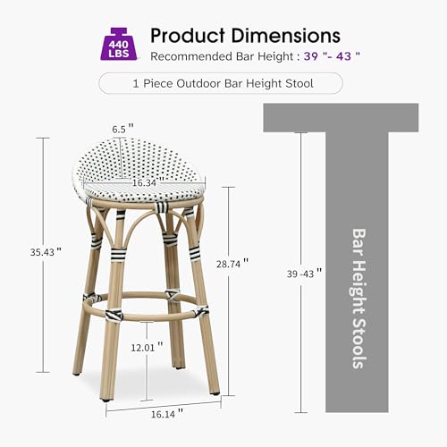 Image of PURPLE LEAF Patio Oversized Backrest Bar Height Stool Set of 1 Outdoor Round Barstools Aluminum Frame in Champagne Finish Woven Rattan for Indoor Kitchen Dining Bistros Cafe Restaurant White