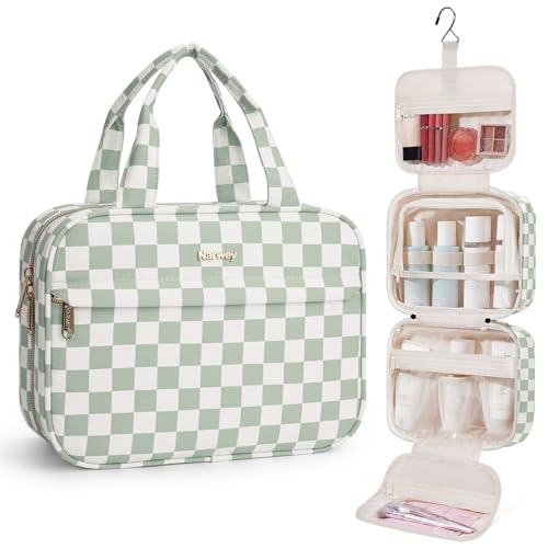 Narwey Hanging Toiletry Bag for Women Checkered Travel Makeup Bag Cosmetic Make Up Organizer Toiletries Bag for Travel Essentials Accessories (Mint Green Checkerboard Medium)