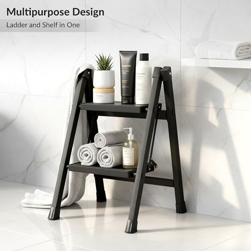 Image of Plantex Ladder for Home /GI Steel Foldable 2 Step Ladder /Wide Anti Slip 2 Step Ladder - (Black)