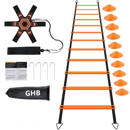 GHB Pro Agility Ladder Soccer Kick Trainer Set 20ft 12 Rung 10 Cones and 4 Stakes Speed Agility Football Training Equipment with Carrying Bag (Orange) by GHB - Image 7