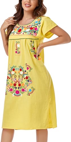 Image of YZXDORWJ Women Mexican Embroidered Long Dress Ruffle Collar Maxi Boho Floral Summer Short Sleeve