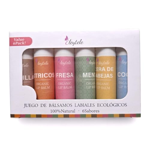 6 Pack Organic Lip Balm Set – Natural Ingredients, 6 Flavors (Coconut, Vanilla, Mint, Strawberry, Honey, Citrus) – Moisturizing & Repair for Dry Lips – Gift Set