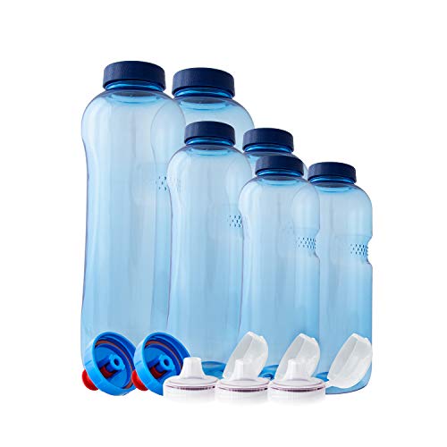 6 x Botellas de Juego, sin BPA, Greiner Tritan de botellas con junta de silicona ? 2 x 1, L, 2 x 0,75 litros, 2 x 0,5 l, 6 x estándar Tapa, 3 x Sport Tapa, 2 x Push - Pull Tapa, 5 x Junta de silicona
