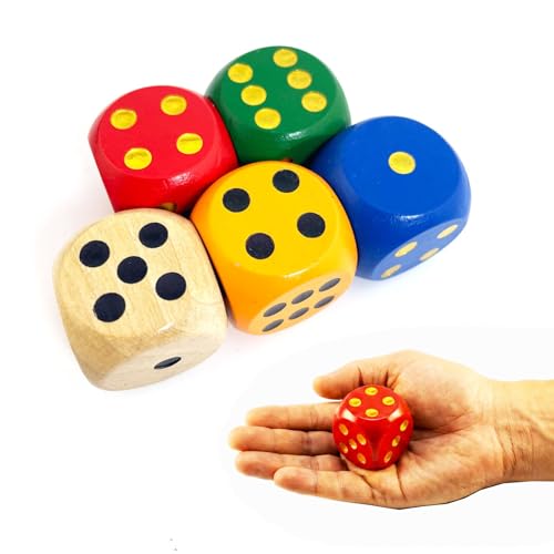 SmartDealsPro Set of 5 Random Color Large 1 1/5 Round Edge Wooden Dice (5 Colors with dots)