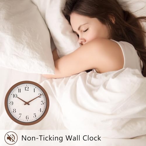 Image of Topkey 12 Inch Silent Wall Clock with Wooden Hour and Minute Hands - Round Wood-Like Frame & White Dial for Home Office Kitchen Decor - Wooden Brown