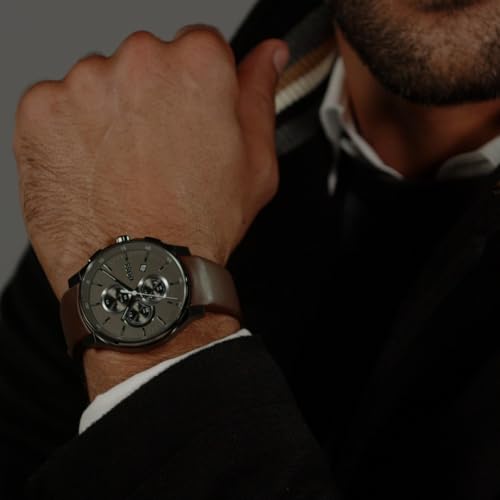 Image of BOSS Peak 2.0 Qtz Chrono Grey Round Dial Men's Watch|Brown Leather Material|Brown Color Band - 1514187