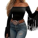 Oxtxuzdm Camiseta de manga larga con flecos para mujer, estilo retro, vaquera occidental, con flecos, para otoño, cómoda, a la moda, con borlas, vaquera occidental, Negro, S