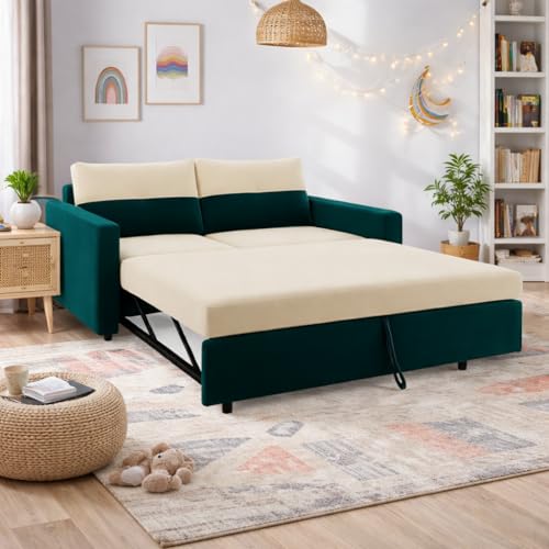Image of SOCOZI Enrique 2-Seater Pull-Out Sofa Cum Bed | Soft Velvet Suede Fabric, Convertible Sofa Bed for Bedroom (Green Teal-Cream)