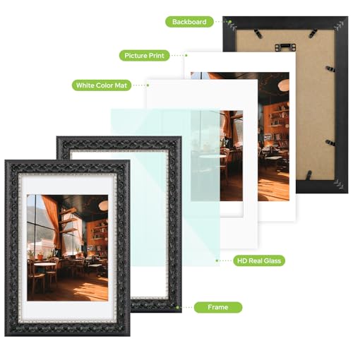 Image of Golden State Art, 8X12 Ornate Finish Photo Frame With White Mat for 7X9 Picture & Real Glass, Color: Black With Silver & Burgundy