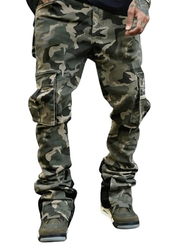 OYOANGLE Men's Camo Print Drawstring Waist Casual Baggy Cargo Pants Streetwear with Pocket