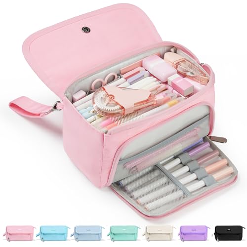 Sooez Super Large Pencil Case, Big Capacity Pencil Bag with 3 Compartments, Hold 200 pencils, Cute Pencil Pouch with Zipper, Portable Stationery Pen Bag, Aesthetic School Supplies For Girls, Pink