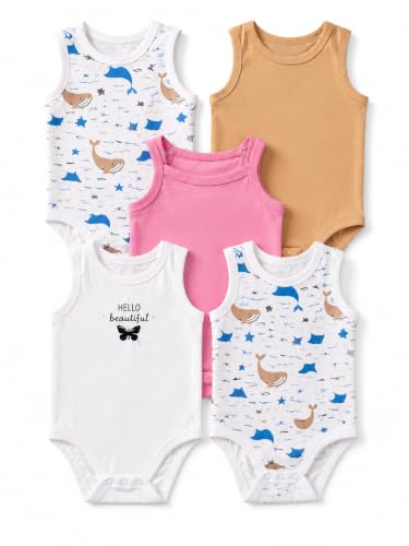 Image of TuddyBuddy 100% Cotton Multicolor Sleeveless Camisole Rompers /Bodysuits for Baby Girl (Pack of 5, 2 Whales 3 Multi, 3-6 Months)