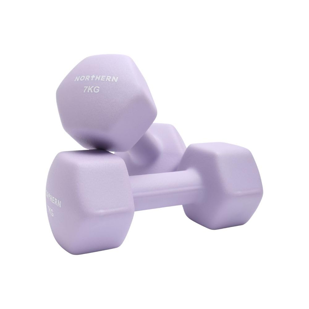 Northern Soft Lavender Neoprene Hex Dumbbells Pair, 1kg–8kg Hand Weights for Home Gym Strength Training, Non-Slip Hexagonal Dumbbells for Fitness, Aerobics, Yoga & Toning (7kg x 2)