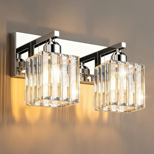 Image of Brushed Chrome Crystal Bathroom Vanity Light, 2-Light Modern Bathroom Lighting Fixtures Over Mirror,Chrome Wall Sconce Light Fixtures with Square Shade