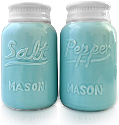 Vintage Style, Ceramic Salt and Pepper Shakers (Large 8 oz), Mason Jar Inspired - Set of 2 | Modern Farmhouse | Retro, Decorative, Durable and Functional by My Fancy Farmhouse (4 3/4 Inch Blue)