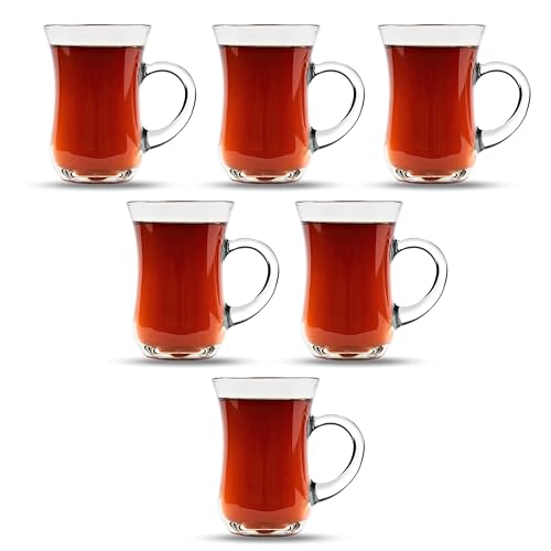 yersiz Vasos de té turco con asa, 6 tazas de té, diseño de cintura delgada y suela gruesa para evitar que el té se enfríe, capacidad de 145 cc, 4 3/4 onzas, 2.5 pulgadas x 4 pulgadas de alto