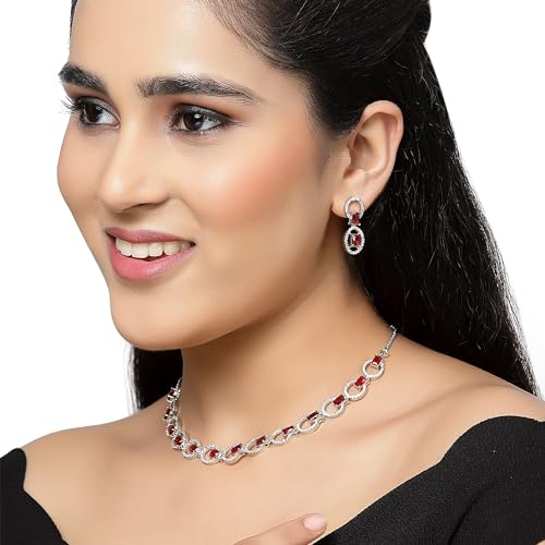 Image of ZENEME Rhodium-Plated American Diamond Studded Disc-Shaped Necklace With Earrings Jewellery Set For Girls and Women