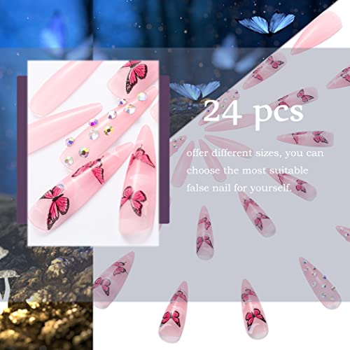 Uranian Stiletto Fake Nails Long Glossy Press On Nails With Rhinestones Pink False Nails Butterfly Full Cover Acrylic Nails Tips For Women And Girls (24Pcs) (2*Butterfly) #TOP4