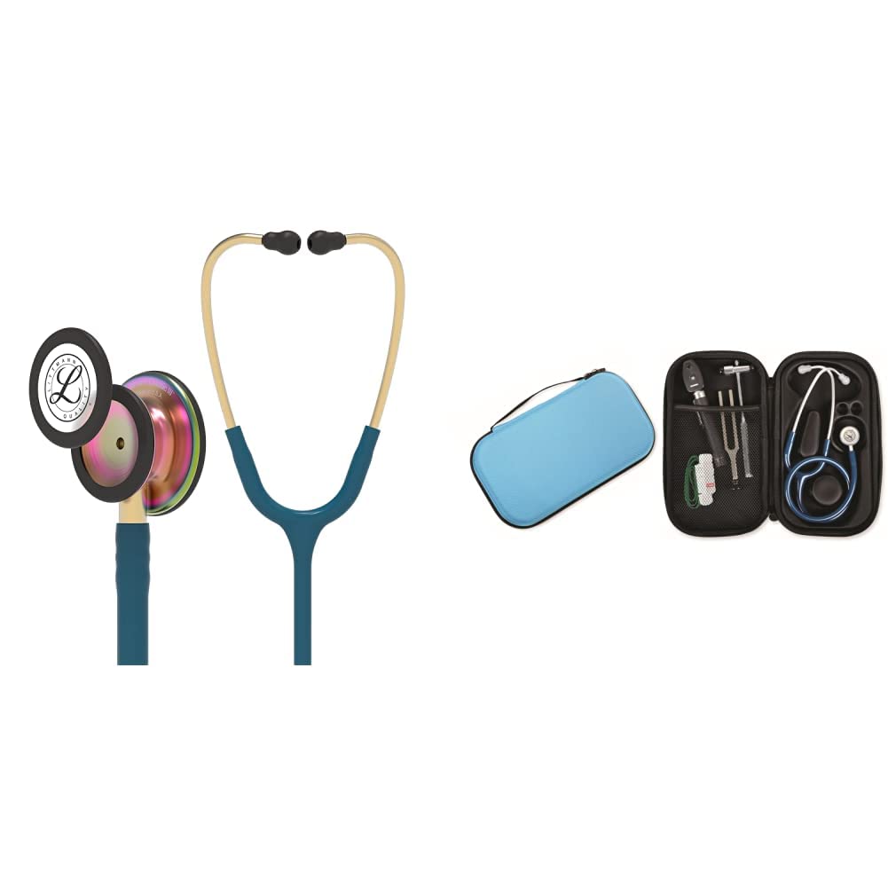 3M Littmann Classic III, Stetoscopio per il monitoraggio, finitura arcobaleno, tubo auricolare blu Caraibi, 69 cm, 5807 + GIMA ASTUCCIO PORTA FONENDO, Turchese, Uso Professionale