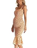 Summer Floral Midi Tank Maternity Dress, Sleeveless Strappy Ruffle Hem Smocked Bodycon Baby Shower Dresses Orange S