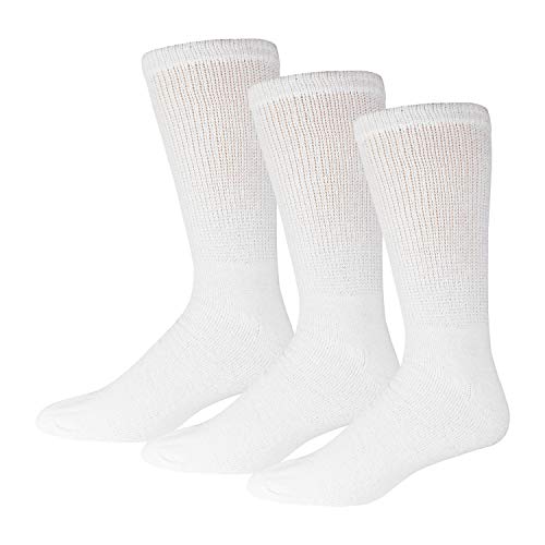3 Pairs of Cotton Diabetic Neuropathy Crew Socks (10-13, Fits Mens shoe size 9-12, White)