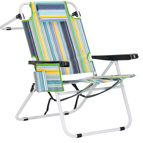 MOPHOTO Tall Beach Chairs for Adults, 17" High Backpack 5-Position Tanning Chair with Cooler Bag & Cup Holder, Heavy Duty Lay Flat Reclining for Beach, Patio, Camping, Supports 350 lbs