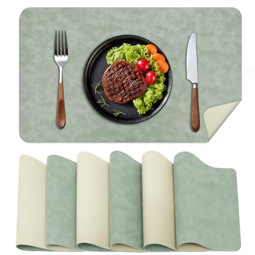 Image of BLESWIN Faux Leather Placemats, Set of 6, 12×17 Inch -Double Side Texture Color Table Mats, Heat-Resistant, Waterproof and Oil-Resistant, Suitable for Dining Room, Kitchen, Party, Outdoor -Green&White