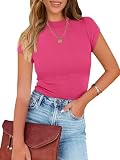 MEROKEETY Women's Short Sleeve Round Neck Y2k Baby Tee Cute Going Out Tight Tops for Teen Girls, Magenta, Medium