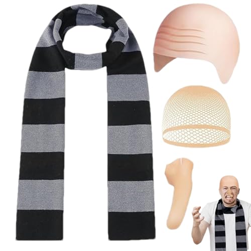 Conjunto de disfraces de juego de rol para adultos, juego de cosplay de cabeza calva,Traje de cosplay de malla para cabeza calva | Falso nariz rayada bufanda vestir peluca sombrero conjunto de traje