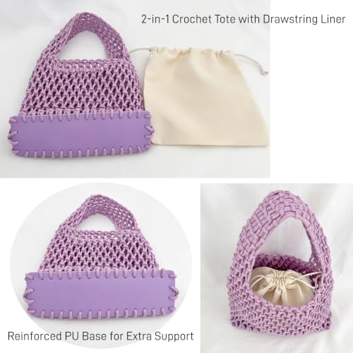 Image of Mini Clutch Handbag Fishing Net Bucket Bag Cotton Rope Crochet Drawstring Woven Beach Bag Small Tote for Women Girls