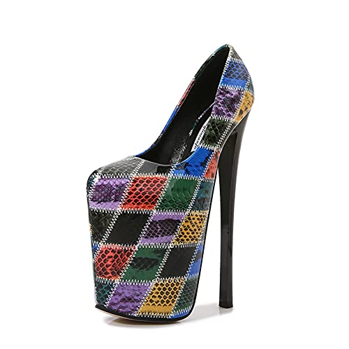 LIZONGFQ Tacones de mujer Tacón de aguja 22cm Bombas de plataforma sexy punta redonda Fiesta de boda noche PU Color Block Zapatos de fiesta Cover
