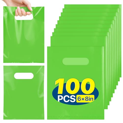 ANZNKU Green Treat Bag 100 Pcs Goodie Bags Small Gift Bag for Kids Birthday Party Wedding Party Favor Bags for Easter Candy Goodies Crafts(5.9x7.9 inch)