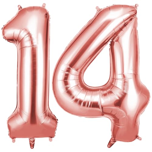 OFFCUP Ballon d'Anniversaire 14 Ans Or Rose, Foil Ballon Numéro Chiffre 101cm, Gonflable Hélium, Deco Anniversaire 14 Ans Grand Ballons pour Fête Party...