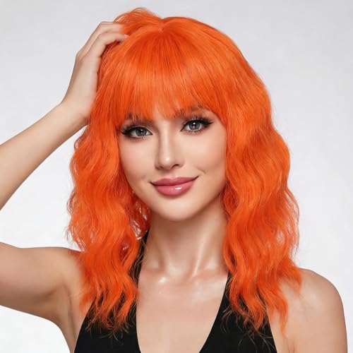 Image of Pastel Bright Orange Wavy Bob Wig for Women, Short Shoulder Length Synthetic Wig with Bangs, Matte Natural Realistic Look Lightweight Hairpiece, Orange Color for Gift & Cosplay Costume