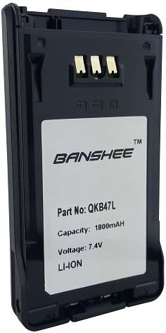Front view of the Banshee QKB47L-18 Li-Ion battery with label showing Part No: QKB47L, Capacity: 1800mAh, Voltage: 7.4V, LI-ION.