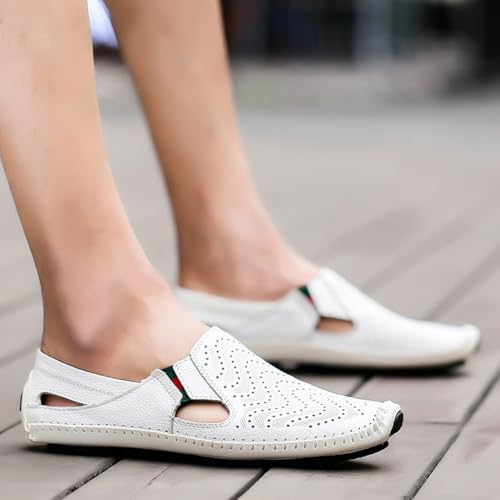 Image of Men's Breathable Summer Genuine Leather Sandal Perforated Casual Walking Driving Flats Shoes