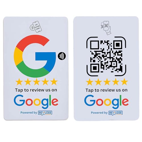 Revuzee Review Tap Card for Google Business Profiles | NFC and Custom QR Code Sign for Business | Includes Analytics and Customizable Landing Page | Same Size as a Standard Credit Card | White