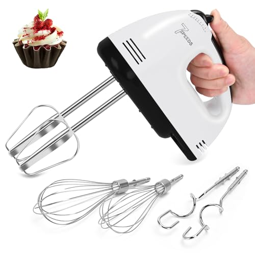 Lychee - Hand Mixer Electric 7 Speeds, Lychee Portable Kitchen Aid Mixer Handheld Blender with Beaters, Whisks and Dough Hooks for Easy Whipping, Baking, Cake (White)