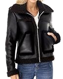 Women's Faux Shearing Moto Jacket Thick Fur Lined Coat Sherpa Leather Jacket Black S