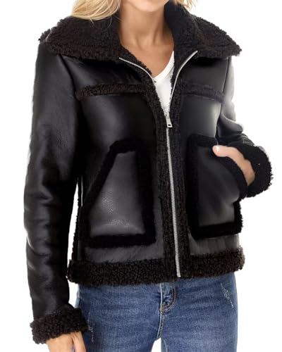 Womens Faux Shearing Moto Jacket Thick Fur Lined Coat Sherpa Leather Jacket Black L