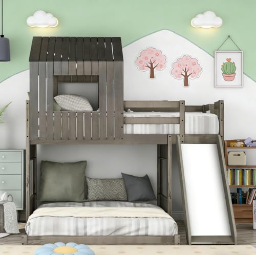 Image of Bellemave Bunk beds Twin Over Full with Slide,Ladders,House roof Design, Low bunk /loft Bed for Kids,Antique Gray