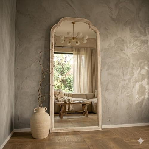 Image of Aafiyat Full Length White Washed Wood Arched Mirror Frame Full Body Mirror Frame for Living Room, Bedroom and Corner Finish Natural Wood Only Frame with Out Mirror No Glass (NATURAL)
