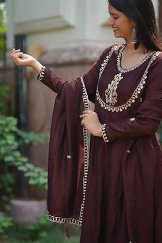 Image of MOKOSH Women's Silk Embroidery Anakrali Kurta Pant with Dupatta | Anarkali Kurta Set | Round Neck Full Sleeve Ethnic Suit | Floral Kurta 7 Colour Option Available | 3 Piece Outfit