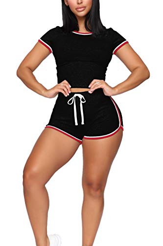 Wiholl Biker Shorts Two Piece Outfits For Women Plain Running Sets Black S #TOP1
