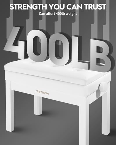 STRICH Adjustable Piano Bench with Storage, Wooden Keyboard Bench with Bookcase Stool Chair Seat with High-Density Sponges Cushion for Piano Shop Music School Studio, White, SPB-20 - Thumbnail 7