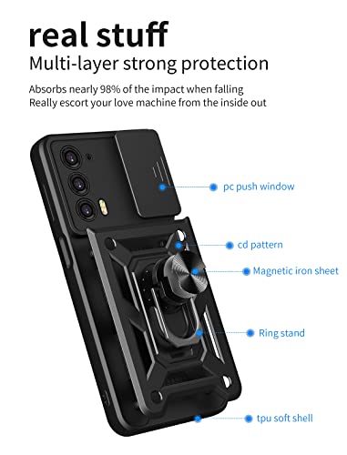 Image of Heavy Duty Back Case Cover for Moto Edge 20 5G, Shockproof Moto Edge 20 Back Cover, Ring Case with Kickstand and Camera Protection Shutter - Black